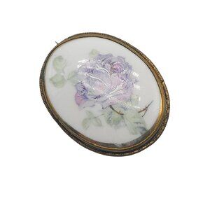 Antique Oval Floral Ceramic Limoge Brooch With Purple Rose Brass Frame